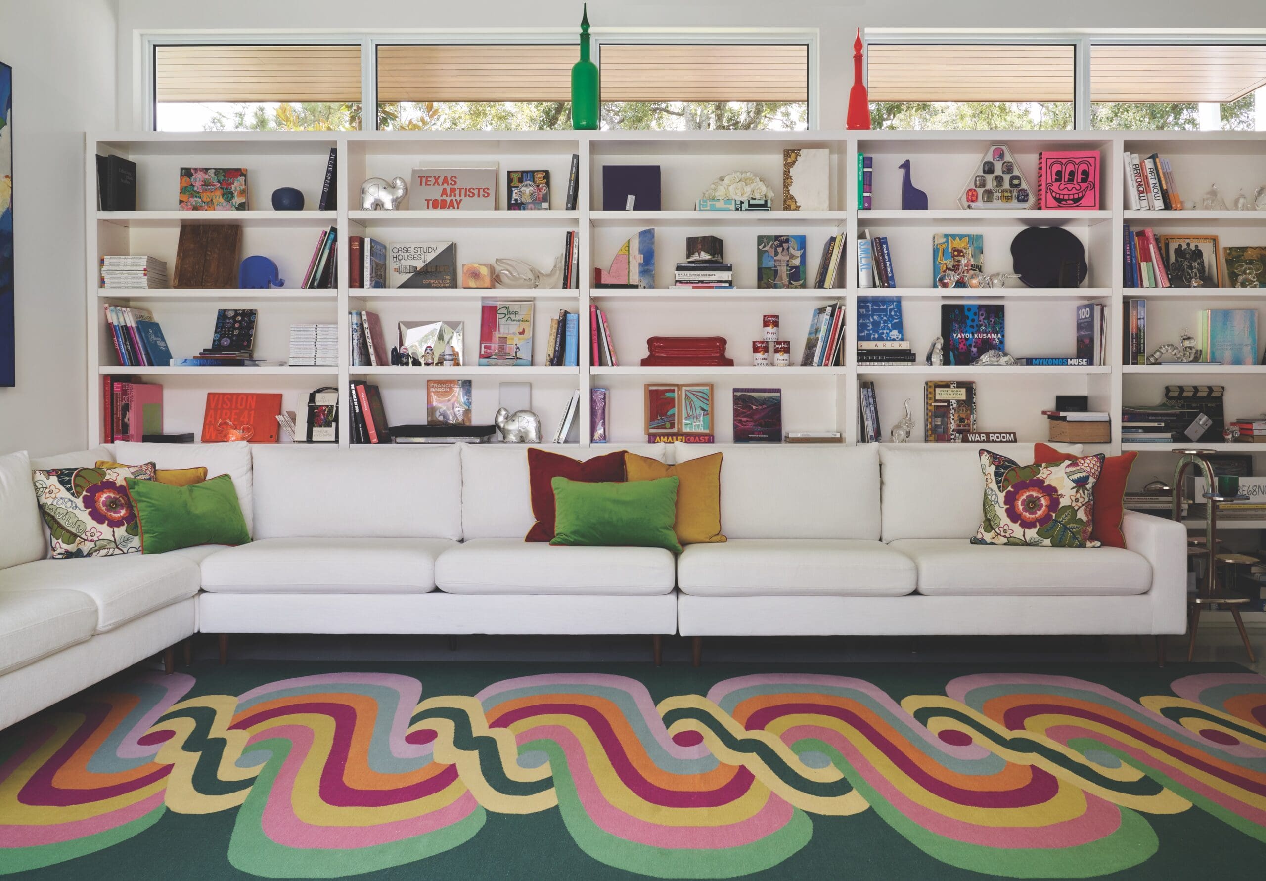 In the library, a custom Vanderhurd rug and custom sofa by Interior Define.<br />(Photo by Pär Bengtsson)