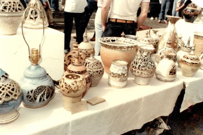 A view of John Foelber's handmade carved lanterns, featured at an outdoor arts festival, circa 1980. (Courtesy Foelber Pottery Gallery and Studios)