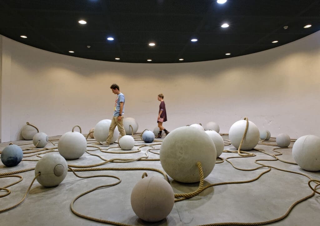 Otobong Nkanga's 
"Wetin You Go Do?," 2015.
Installation view of "La vie modern" (2015) at the Musée
d’artcontemporain, Lyon, France. (Photo by Blaise Adilon. Courtesy Nasher Sculpture Center)