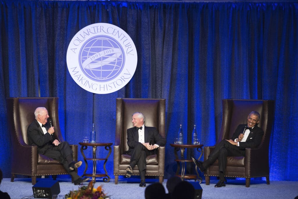 Former Secretary of State James A. Baker III, presidential historian Jon Meacham, former president Barak Obama at the Rice University Baker Institute for Public Policy 25th anniversary gala. (Photo courtesy of Rice University's Baker Institute for Public Policy)