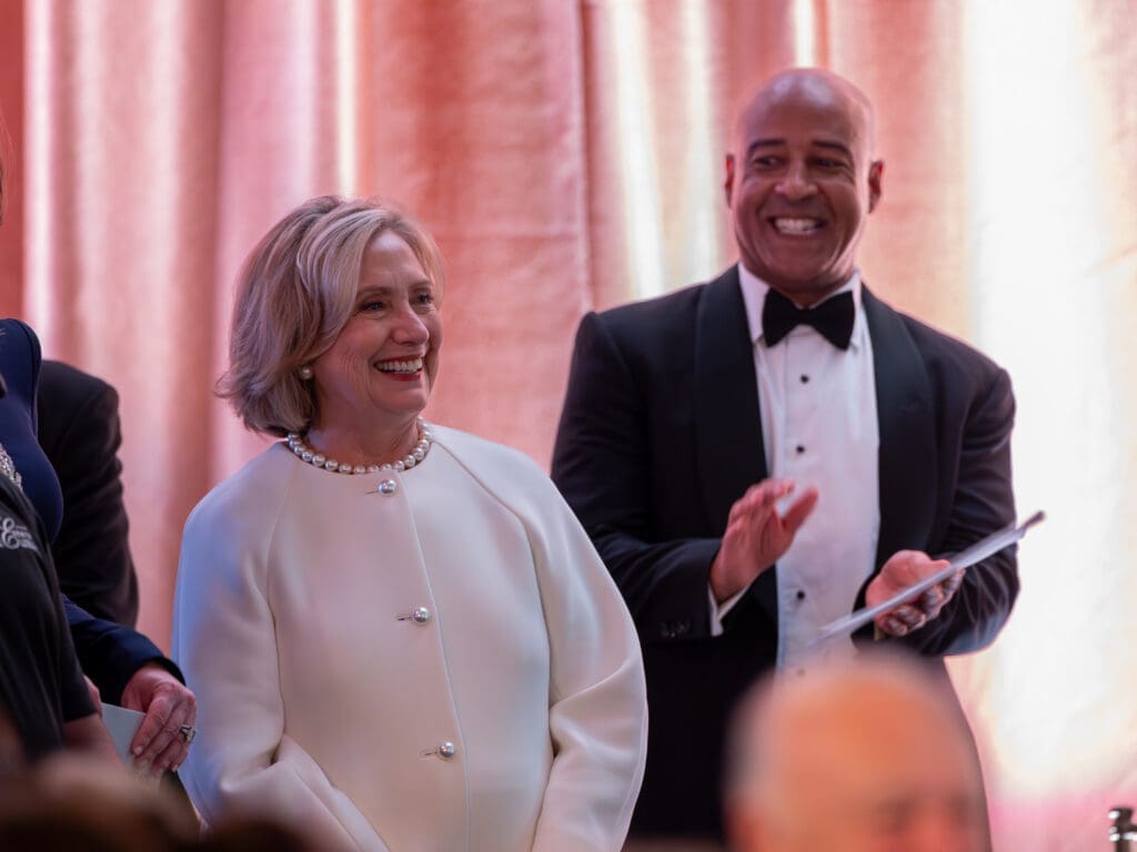Hilary Rodham Clinton, Rice University president Reginald DesRoches at the Baker Institute's 30th Anniversary Gala. (Photo by Michael Stravato for the Baker Institute)