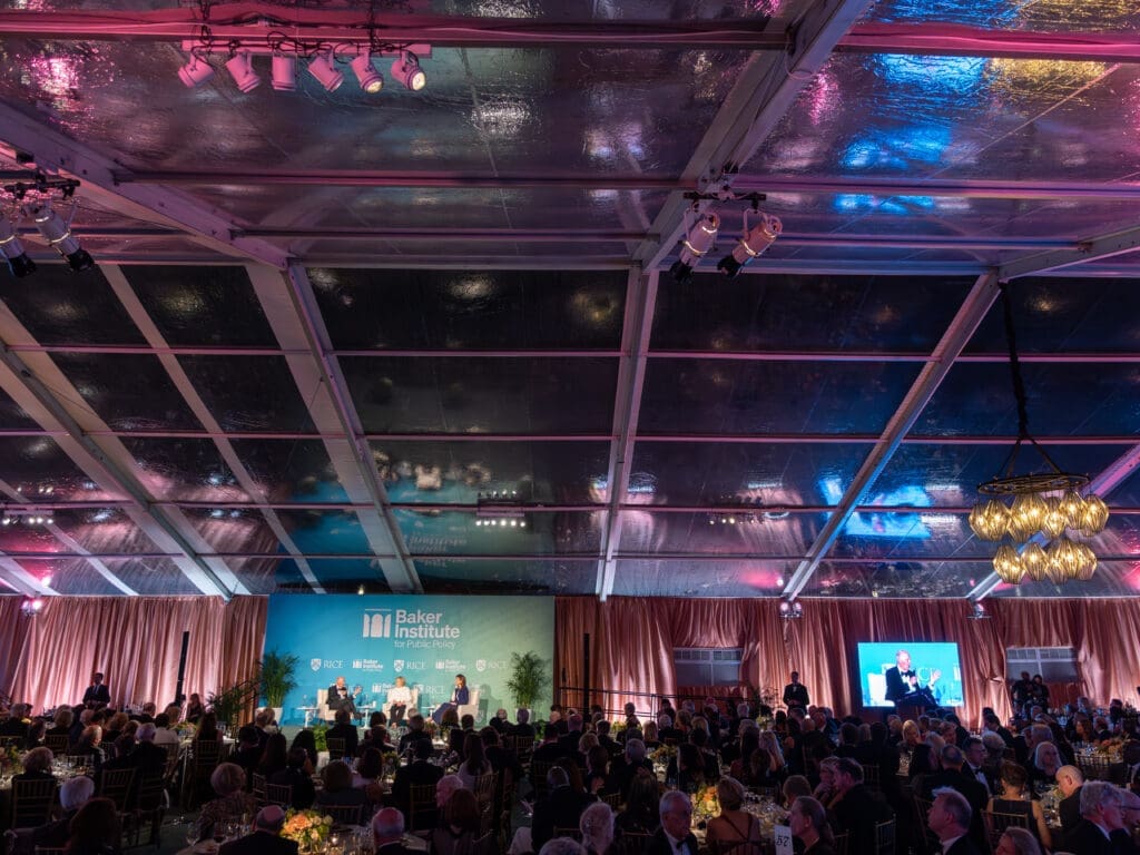 Former secretaries of state — Henry Kissinger, James A. Baker, III, and Hillary Rodham Clinton  interviewed by Norah O’Donnell of CBS Evening News at Rice Univeristy's Baker Institute's 30th Aniversary Gala Thursday Oct. 26, 2023. (Photo by Michael Stravato for the Baker Institute)
