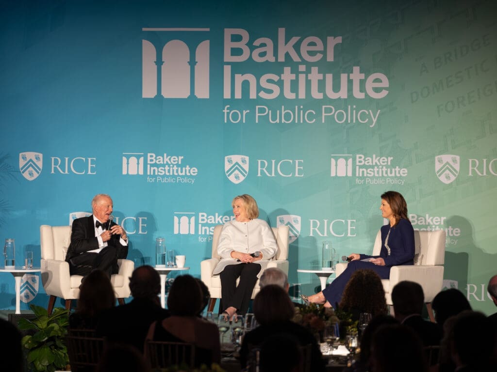 Former Secretaries of StateJames A. Baker III and Hillary Rodham Clinton  interviewed by Norah O’Donnell of CBS Evening News at Rice University's Baker Institute's 30th Anniversary Gala. (Photo by Michael Stravato for the Baker Institute)