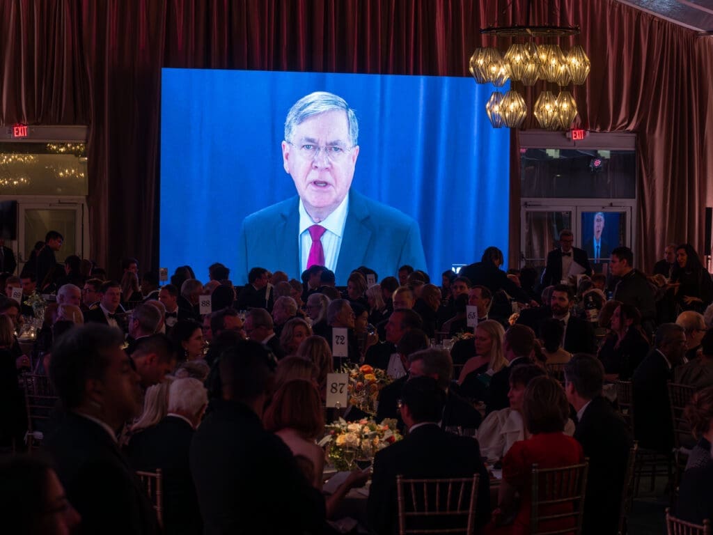 Ambassador David Satterfield welcomes, via video from the U.S. Embassy is Tel Aviv, guests to Rice University's Baker Institute's 30th Anniversary Gala. (Photo by Michael Stravato for the Baker Institute)