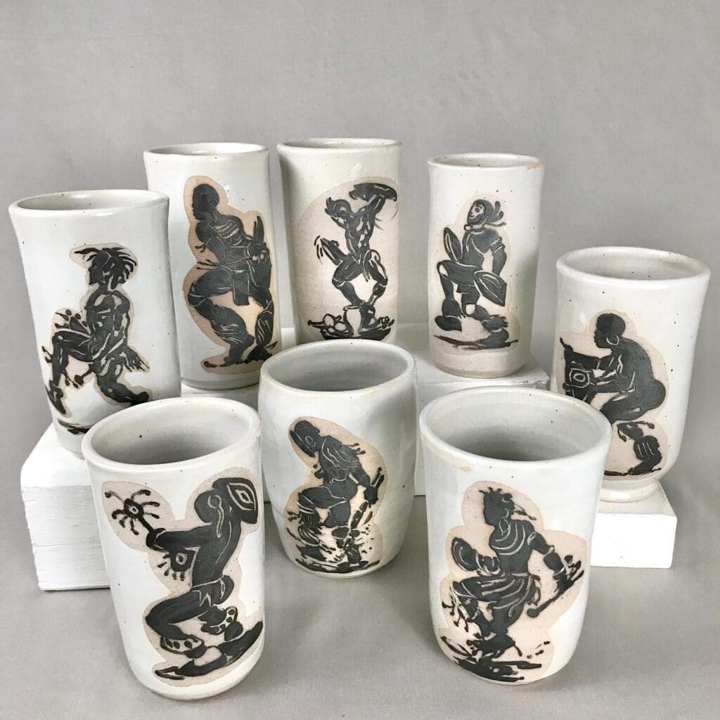 Earnest Snell's tribal dancer mugs, circa 2019. (Courtesy Foelber Pottery Gallery and Studios)