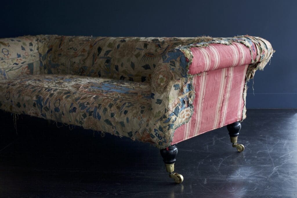 Reilly sofa upholstered with antique hand-embroidered manton de Manila at Blackman Cruz (Photo by Sidney Bensimon) 