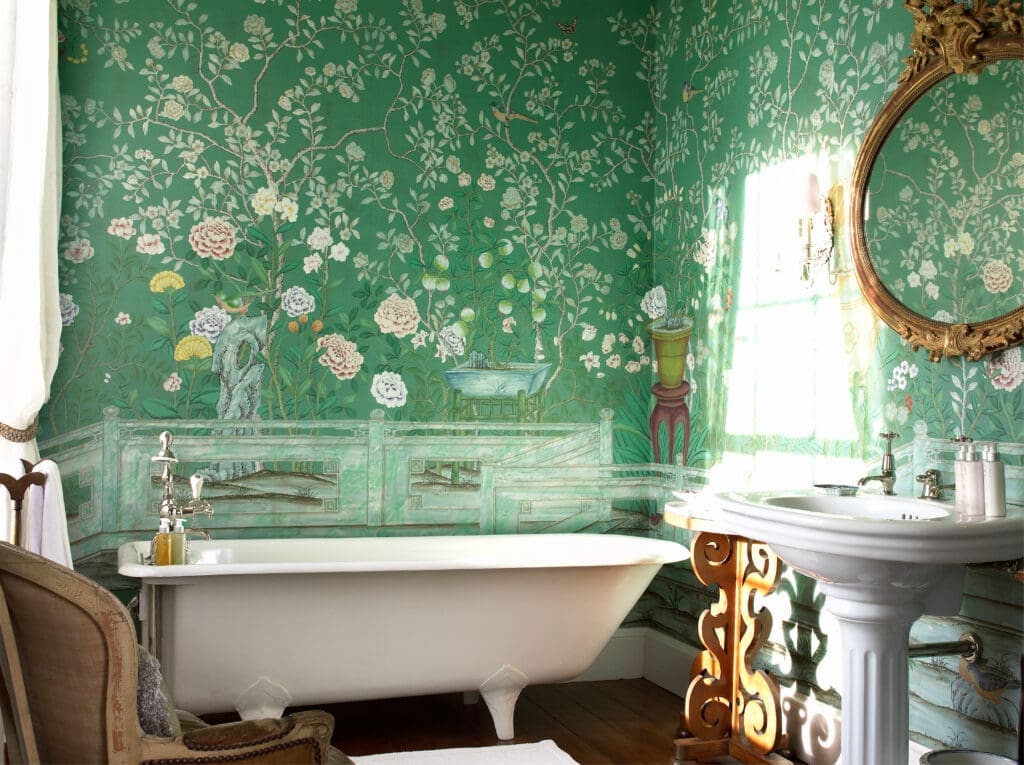Temple Newsam de Gournay hand-painted wallpaper in standard design colors on custom Green Williamsburg painted silk. The former Balfour Castle hotel, Scotland.