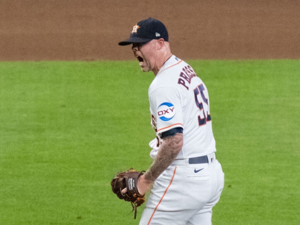 Astros closer Ryan Pressly loves the big playoff pressure moments. Justin Verlander started another Game 1 for the Astros. (Photo by F. Carter Smith)