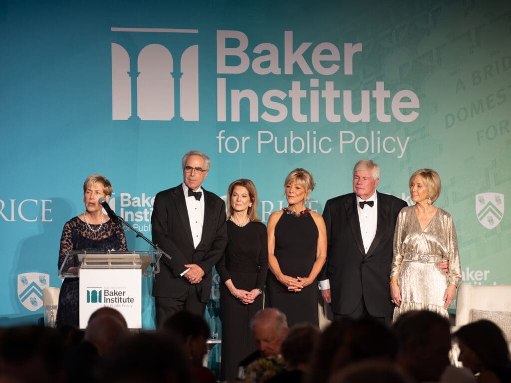 Rice University Baker Institute board of advisors president Linnet Deily introduces the 30th anniversary gala chairs Karl & Ann Stern, Franci Neely, and John Eddie and Sheridan Williams. (Photo by Michael Stravato for the Baker Institute)