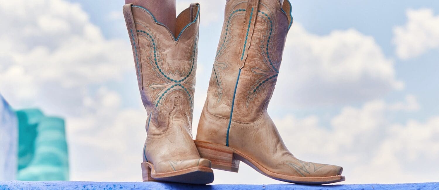Boots – Lucchese Tilly in pearl bone is made of soft goat skin.