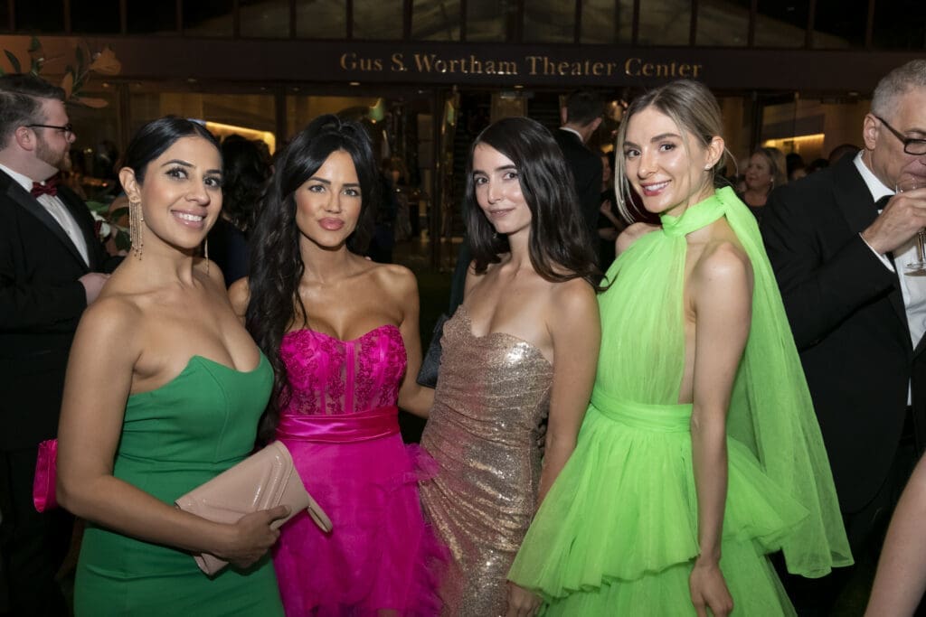 Dr. Nishi Mehdiratta, Irene Mavrianos, Tania Kane, Denise Reyes at the black-tie dinner following Houston Grand Opera's world premiere of 'Intelligence.' (Photo by Anthony Rathbun)