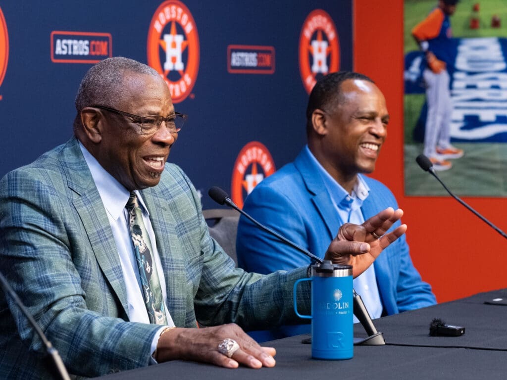 Dusty Baker and Astros general manager Dana Brown didn't always see eye to eye, but they had some laughs. (Photo by F. Carter Smith)