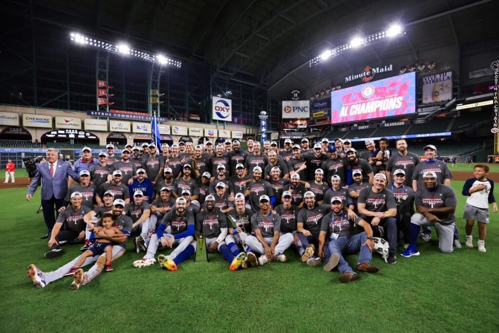 The Texas Rangers are World Series bound. They earned this photo and the ultimate champagne party at the Houston Astros' home. (@rangers)