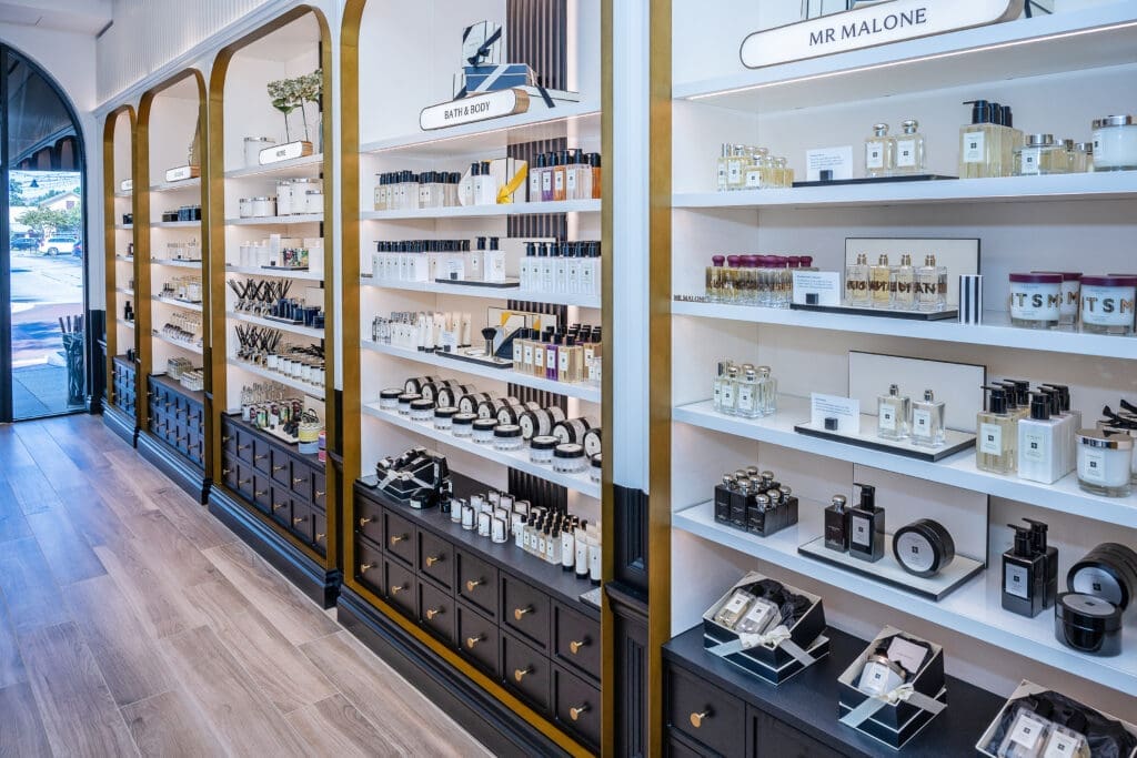The Jo Malone product wall has scents organized by application - complete with an entire line for men dubbed Mr. Malone. (Photo by Kathleen O'Ryan)