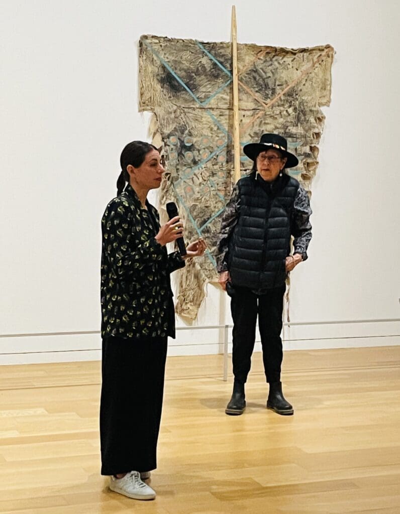 Jaune Quick-to-See Smith educates at a media preview of her new exhibit in Fort Worth. (Photo by Courtney Dabney)