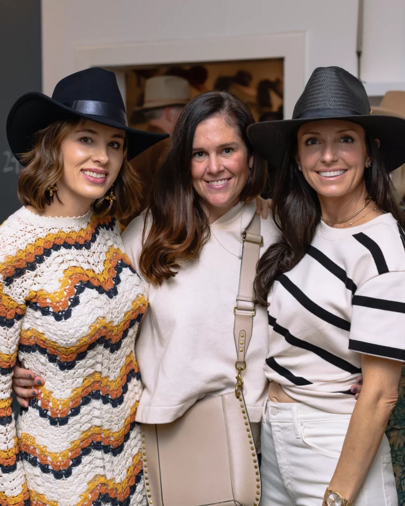 Linsay Radcliffe, Katie Forney, Cathryn Lyman at the grand opening fête for Sixteen Ten where Freya hats and Mirth caftans share boutique space. (Photo by Alex Wu)
