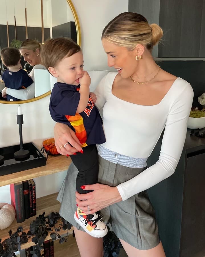 Reagan Bregman with the 14-month-old son, Knos, who she shares with Astros third baseman Alex Bregman.