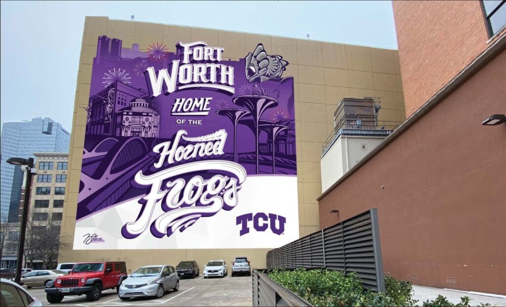TCU Downtown mural revealed in downtown to celebrate the school's 150th year. Designed by alum Trevor Scott.