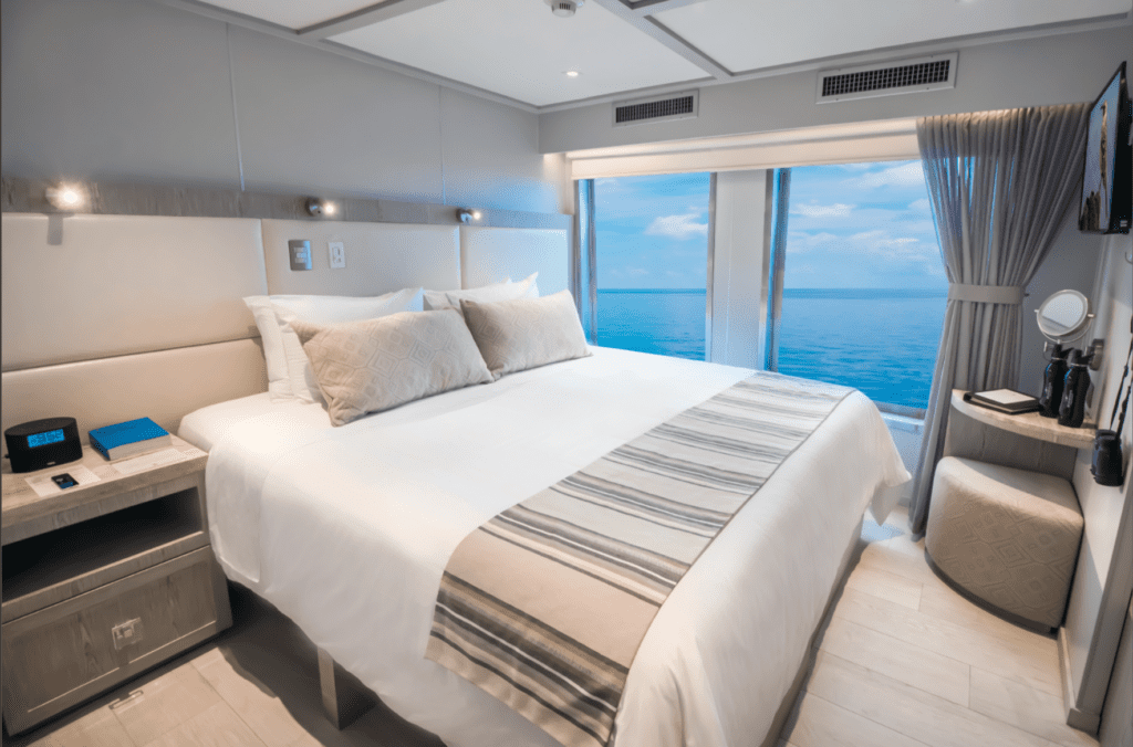 Each Ecoventura exploration yacht has ten premium cabins that foster a sense of connectivity with the islands with sweeping, panoramic views from large windows.