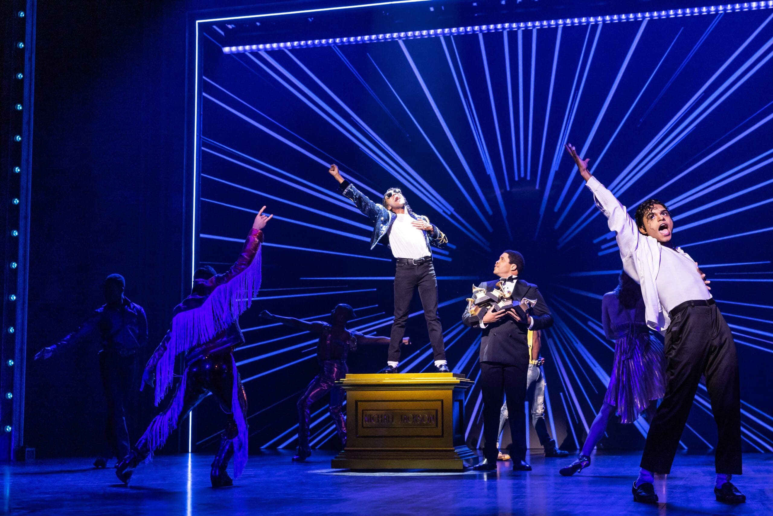 Brandon Lee Harris as ‘Michael’ Josh A. Dawson as ‘Quincy Jones’ Roman Banks as ‘MJ’ and the cast of the MJ First National Tour