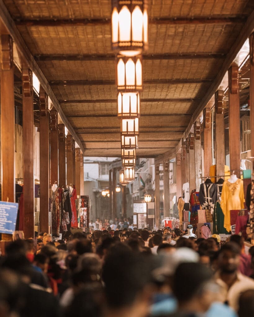 The Old Dubai Souk market is bursting with spices, textiles, jewelry and more.