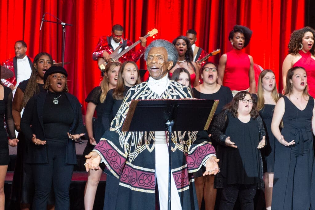 Broadway star André de Shields leads TUTS education students in a grand finale presentation at the annual TUTS gala. (Photo by Photo by David Power)