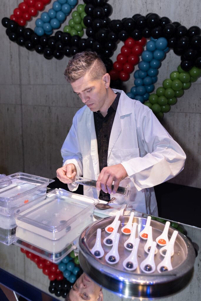Bar tender from The Grand Bevy creates the Molecular Cocktail for guests attending the preview of HMNS' re-imagined Welch Hall: Matter & Motion (Photo by Mike Rathke, HMNS Photographer)