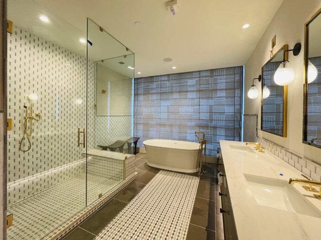 Inside the luxe bath of the Goodnight Suite. (Photo by Courtney Dabney)