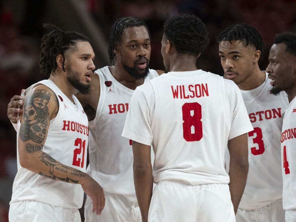 Emanuel Sharp (from left), J'Wan Roberts, Mylik Wilson, Ramon Walker Jr. and LJ Cryer know there a lot of answers on this UH roster. (Photo by F. Carter Smith)