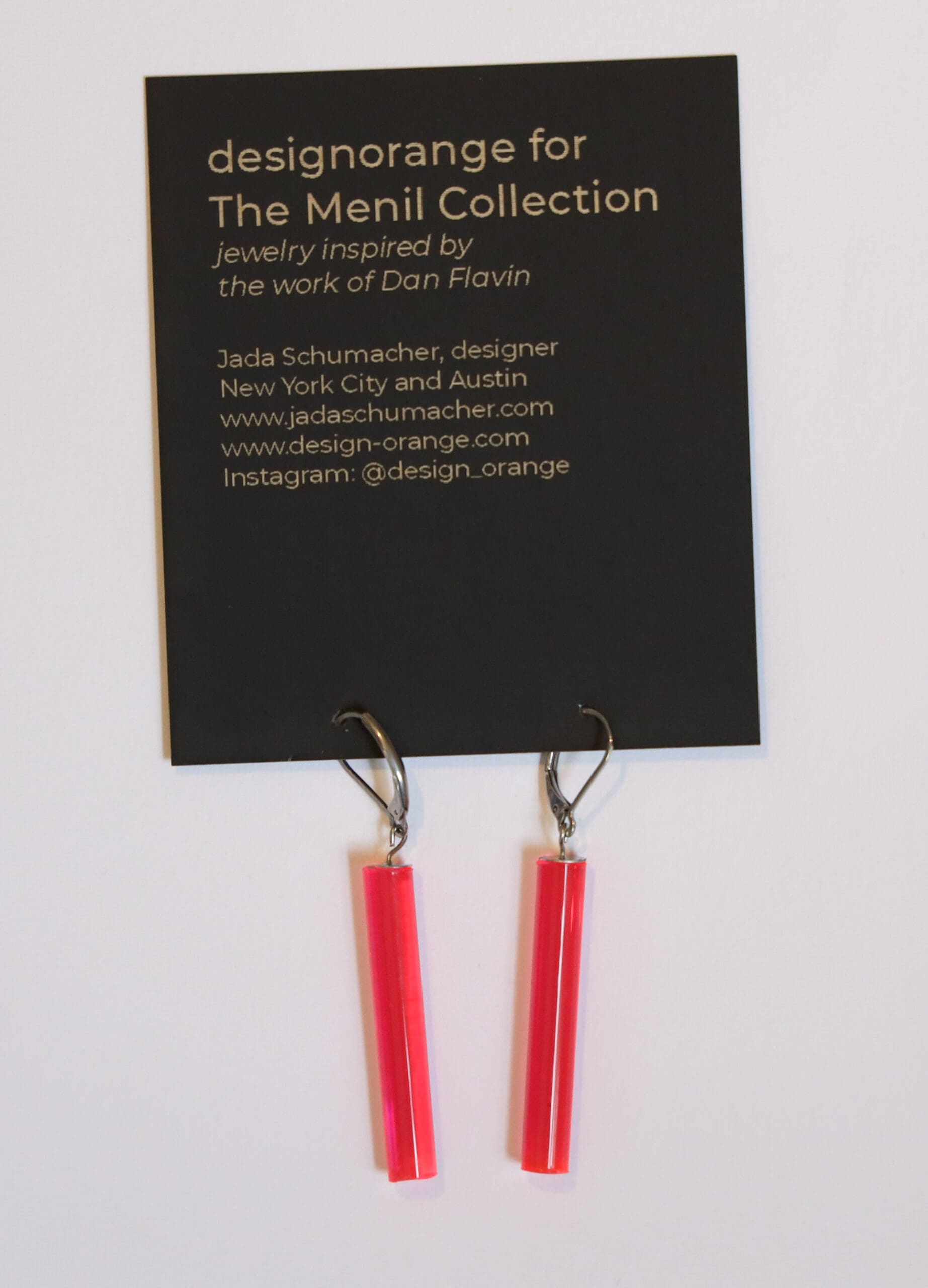 Color expert and Fashion Institute of Technology professor Jada Schumacher, based in Austin and NYC, created these Dan Flavin-inspired earrings for her Design Orange label. $48. (Courtesy The Menil Collection Bookstore)