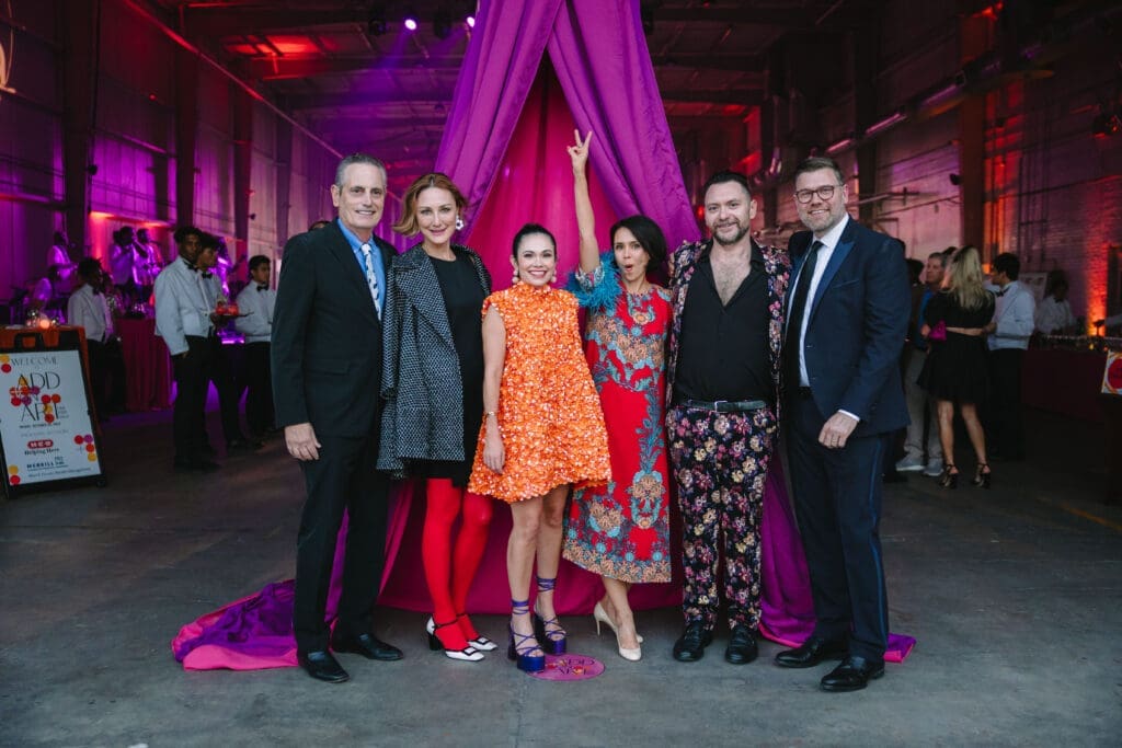 Co-chairs Craig & Tatiana Massey, HAA board chair Michele Leal Farah, Zhenya Van Riet, HAA CEO John Abodeely & Ed Kachinske at Houston Arts Alliance's Add On Art Gala (Photo by Johnny Than)