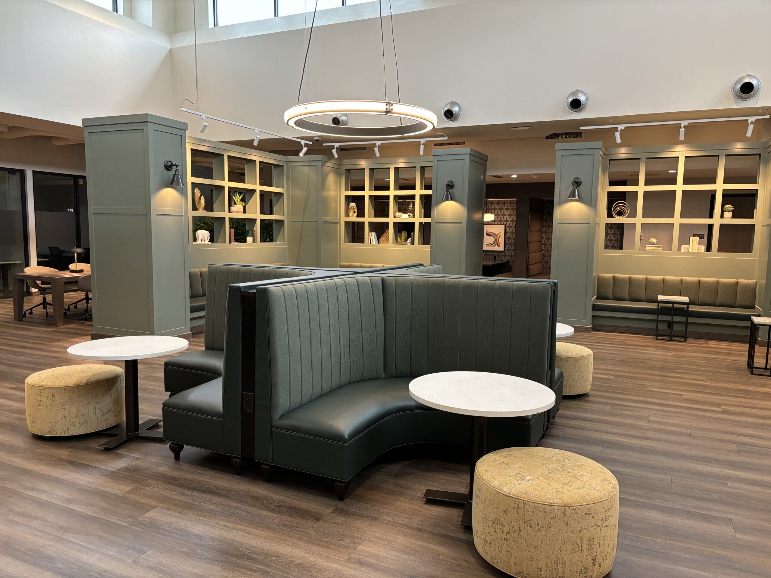 The library area at The Woodlands' Life Time is the heart of the fourth floor's work area. Great lighting and plenty of handy outlets make the quiet space ideal for those who want a break from working from home.
