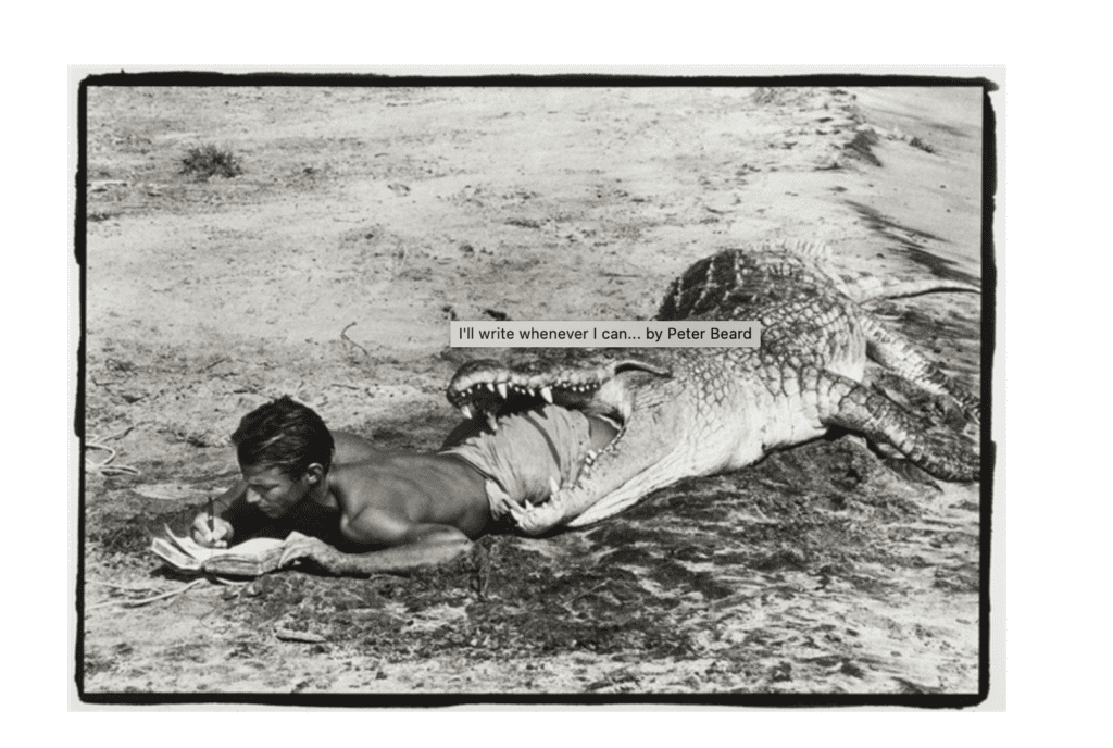 Peter Beard's I'll Write Whenever I Can ..., 1961, platinum palladium print photographer (edition of 15) available at Staley Wise Gallery (price upon request)