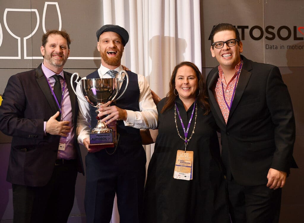 Sean Beck, Iron Sommelier 2023 Chris Havens, Lara Lack, Justin Goodman (Photo by Dave Rossman)
