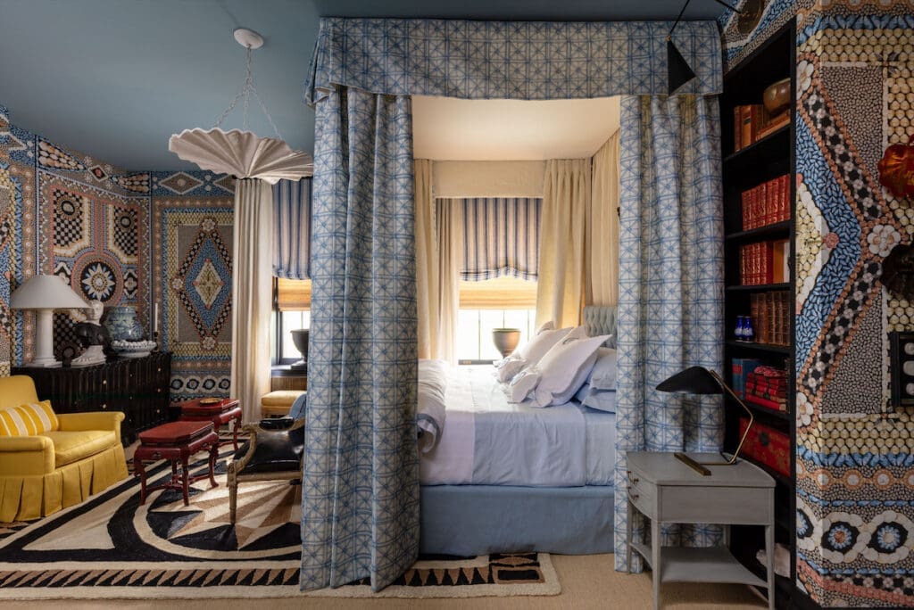 Peacock Alley bedding in a room by Mary McDonald for Kips Bay Decorator Show House New York 2023. (photo by Nick Sergant)