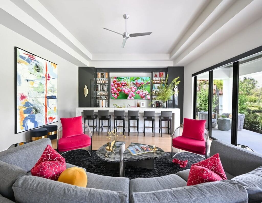 The vibrant colors of the bar area at this Carlton Woods estate make this a prime entertaining spot. (Photo by French Blue Photography)