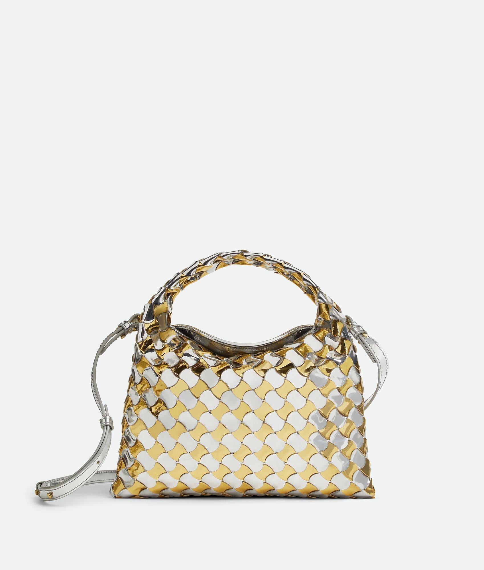 Bags – Bottega Veneta’s silver and gold mirror laminated mini hop Intrecciato hobo bag.