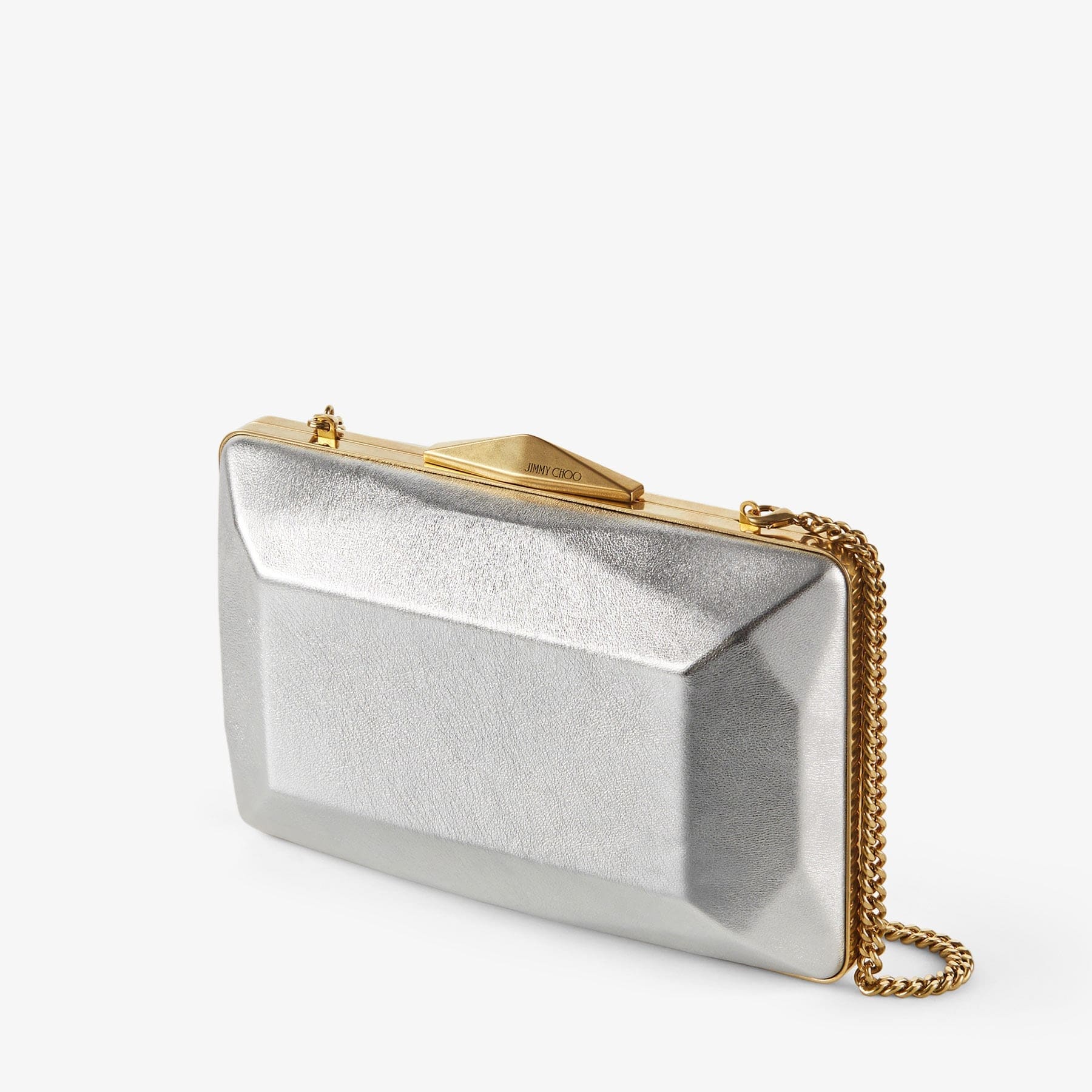 Bags – Jimmy Choo diamond box clutch in silver with gold accents.