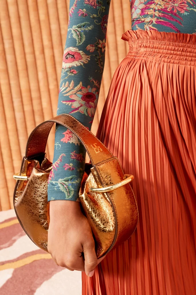 Ulla Johnson, Tilda ruched mini bag in copper sets the mood.