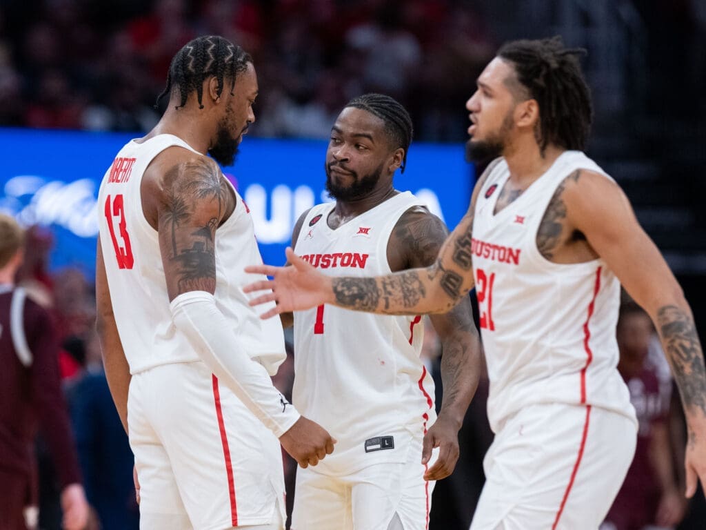 University of Houston forward J'Wan Roberts, point guard Jamal Shead and shooting guard Emanuel Sharp are part of the heart and soul of Kelvin Sampson's team.  Which has aims to be Sampson's best defensive team ever. (Photo by F. Carter Smith)