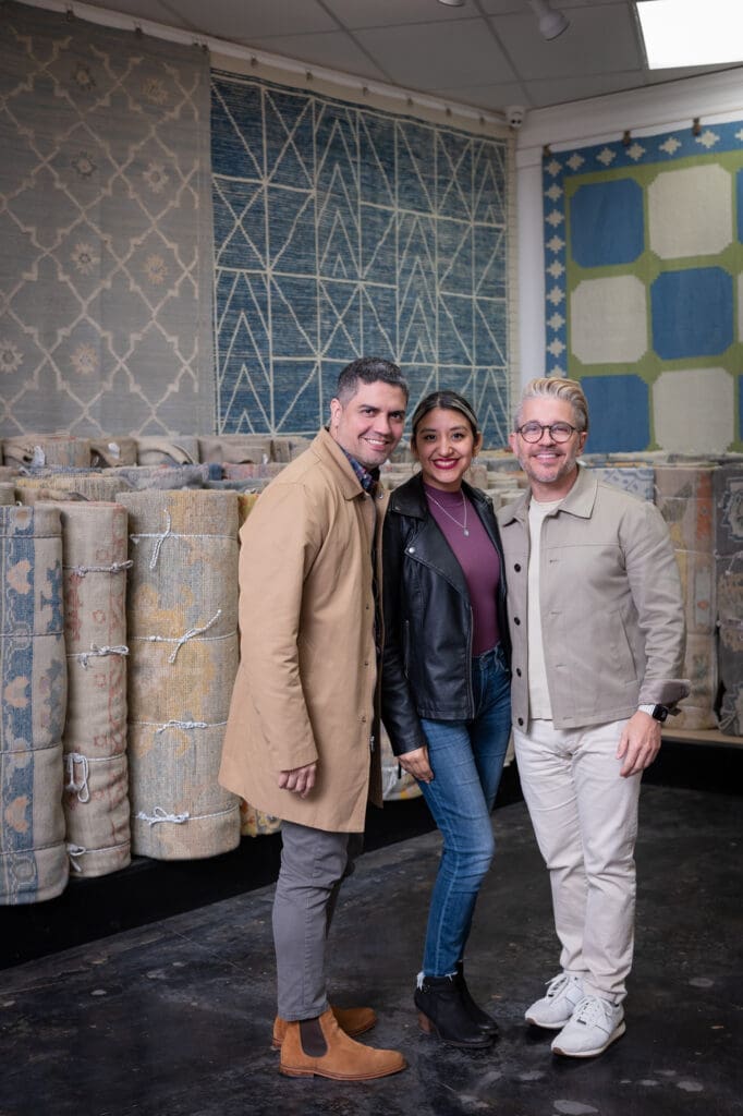 Gerardo Derksen, Lisa Campuzano, David Croattoat the Turkish Rug Company showroom grand opening party benefiting the Salvation Army.