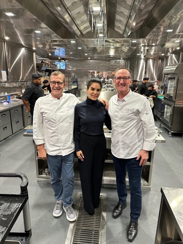 Chef David Denis, designer Nina Magon, Chef Lionel Debon in the Cocody kitchen that the chefs designed. (Photo courtesy of Nina Magon Studio))