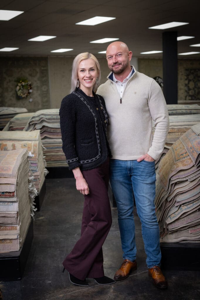 Irina Ivanova, Michael Cass at the Turkish Rug Company showroom grand opening party benefiting the Salvation Army.