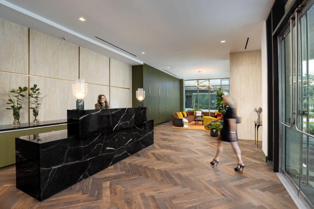 Residences at The Allen lobby created by BeDesign. ( (Photo by Shannon O’Hara Photography)