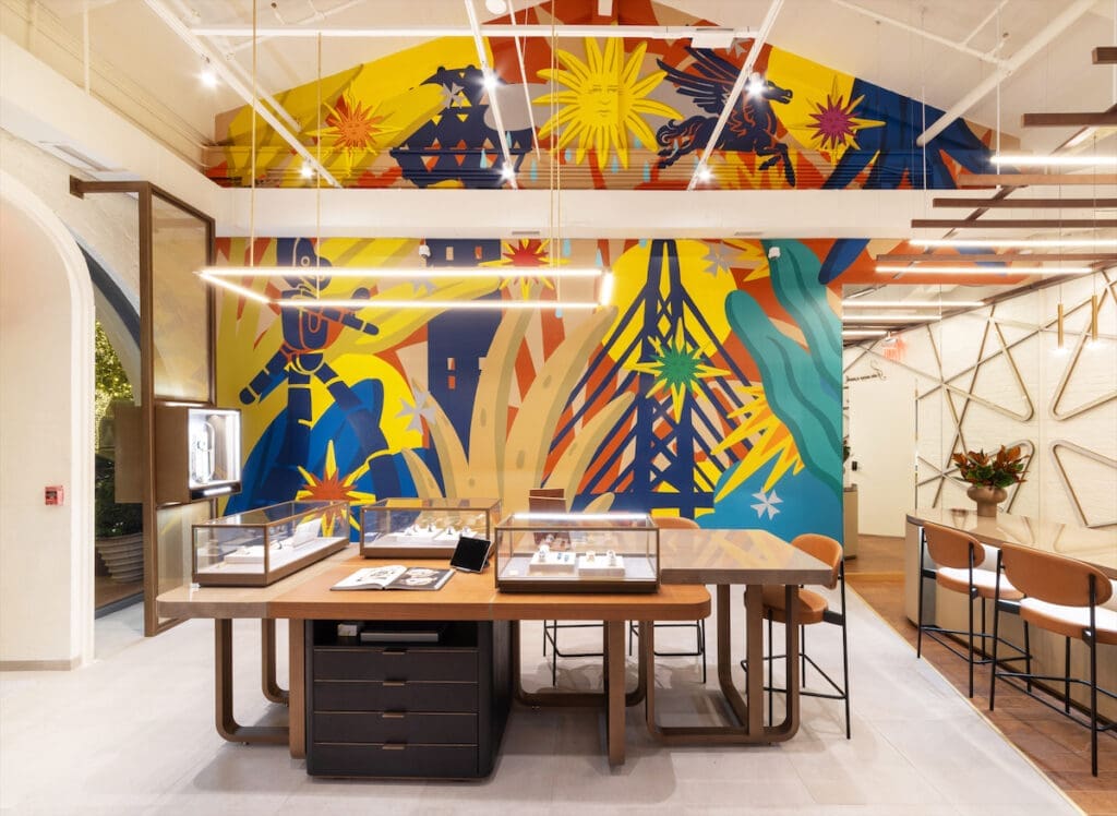 A mural by Dallas artist Drigo anchors Vacheron Constantin's new Highland Park Village store.  (Photo by Exploredinary)