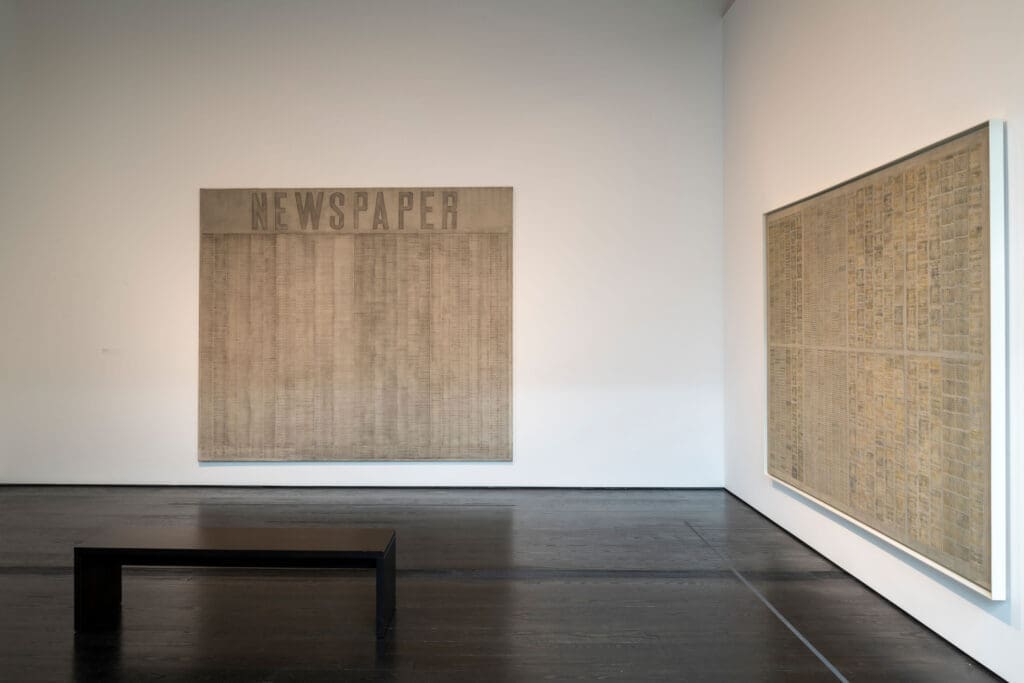 An installation view of artist Chryssa's newspaper-inspired artworks at The Menil Collection. (Photo by Paul Hester. Courtesy The Menil Collection)