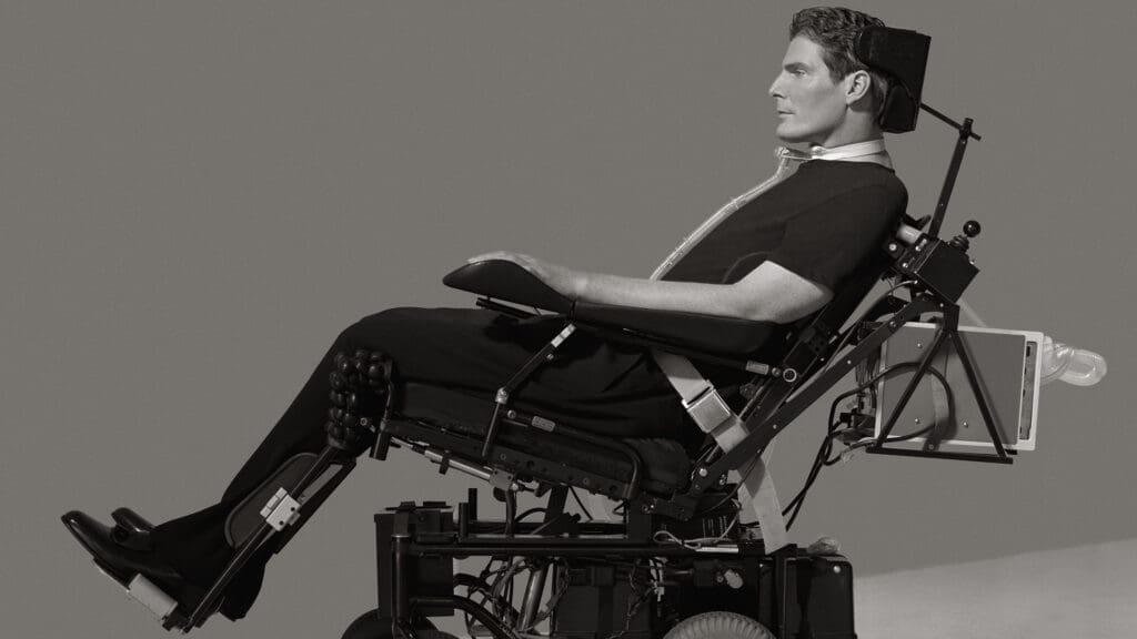 A still from Super/Man of Christopher Reeve  from The Christopher Reeve Story by Ian BonhÃ´te and Peter Ettedgui.