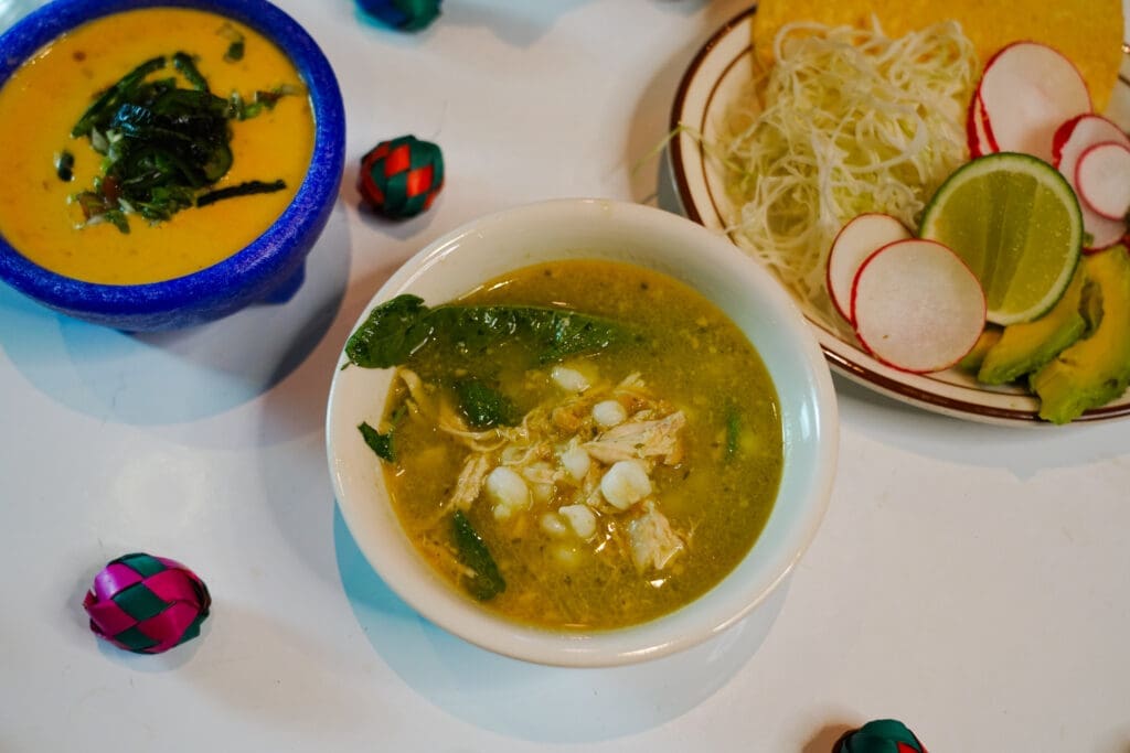HiWay Cantina's Guerrero Posole Verde soup (small $14.45 large. $17.25) is made with chicken, hominy, avocado, cabbage, radish, and corn tostadas. (Photo by Mikah Danae)