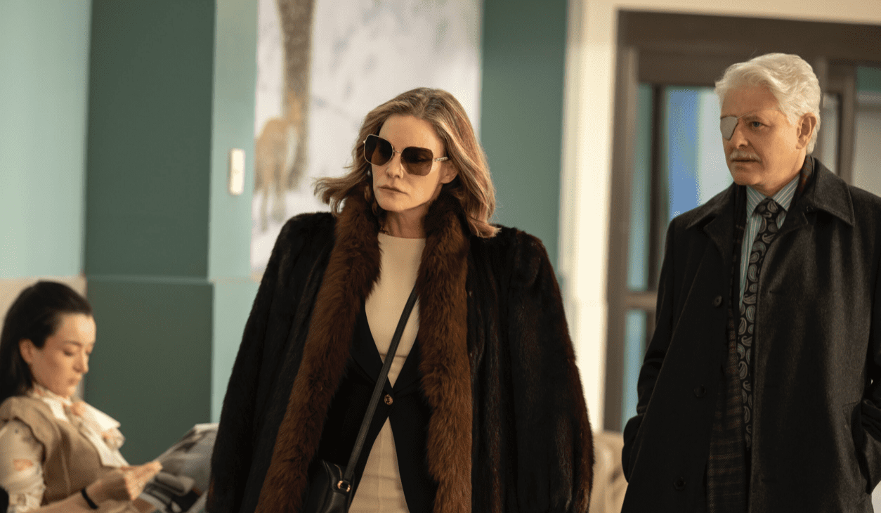Jennifer Jason Leigh and Dave Foley from Fargo Season 5 currently streaming on FX and Hulu