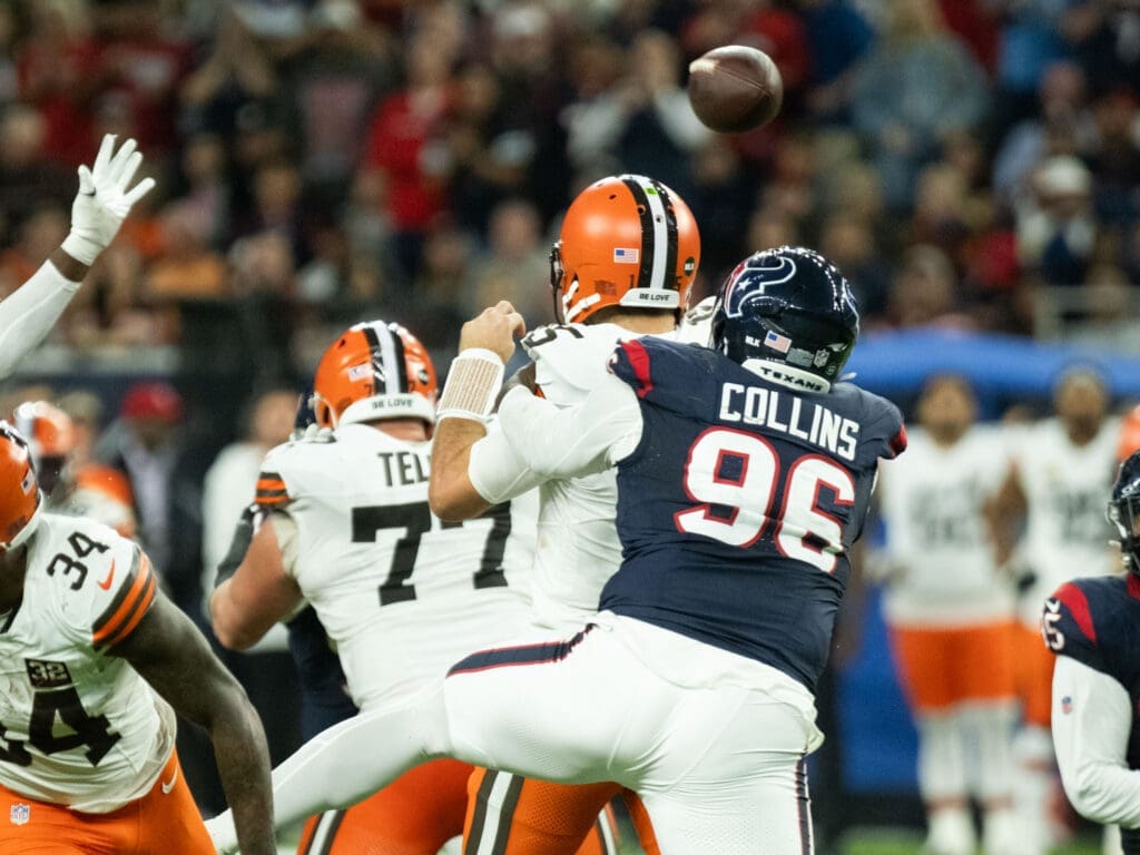 Houston Texans like Maliek Collins kept the pressure on Joe Flacco all game long. (Photo by F. Carter Smith)
